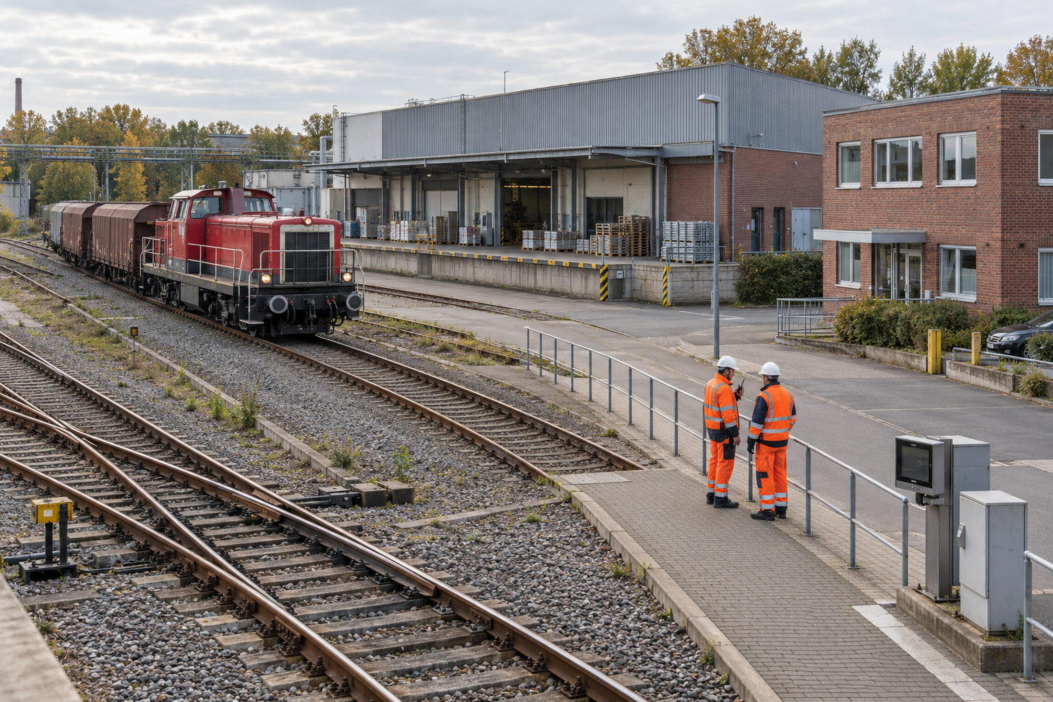 Fiktiver Industrieanschluss: links Lokomotive und Weiche, mittig eine Ladestelle, rechts Betriebsbüro, zwei Mitarbeitende und ein Dokumentations-Terminal.